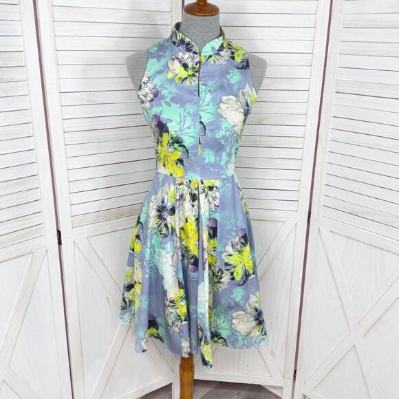 Closet London Floral Keyhole Cotton Sleeveless Skater Dress Blue 4 - Picture 1 of 14